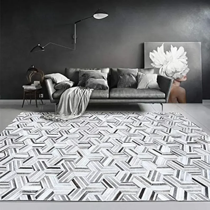 Hand Stitched Leather Hide Stripe Patchwork Area Rug Think Arrow Grey Cowhide with Logo Praying Mat for Home Decor Room Space