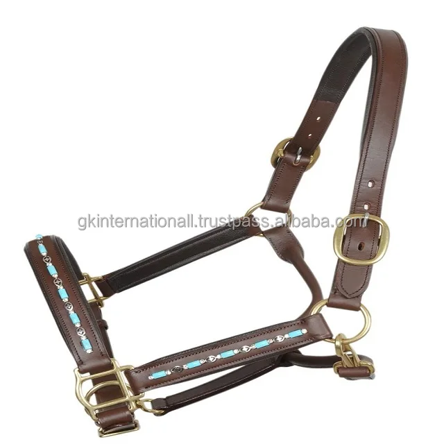 Personalized Turquoise beaded chain inlaid fancy leather horse halter with heavy duty adjustable brass buckle & rings