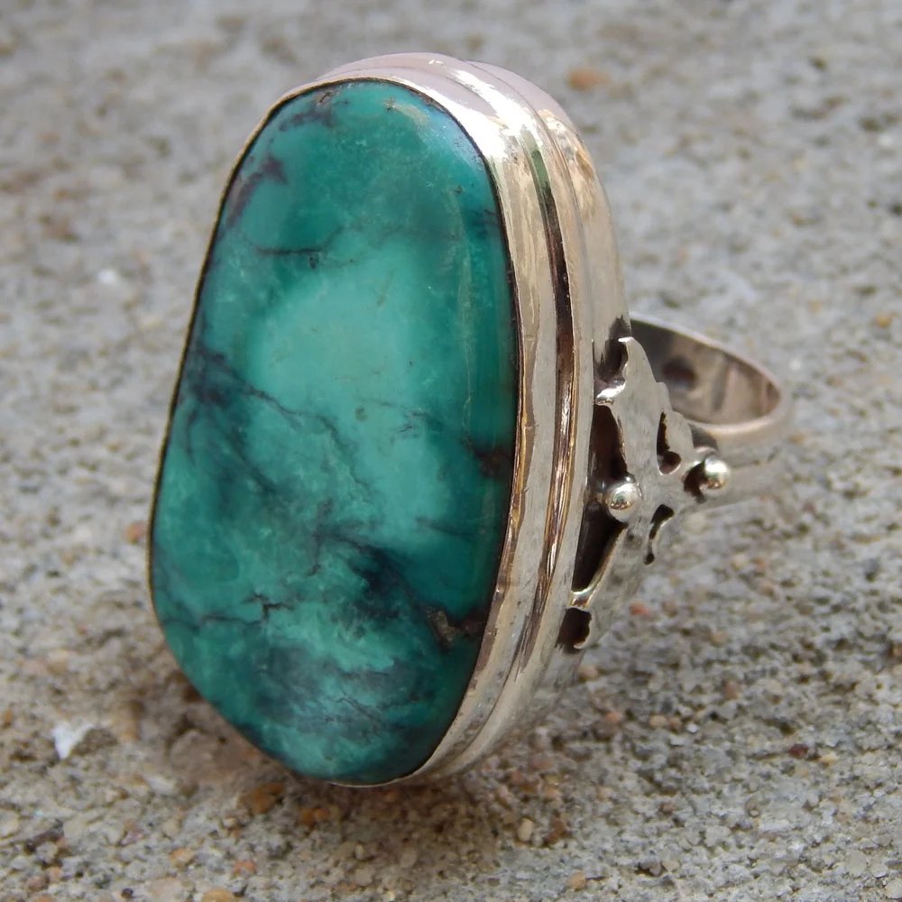 Handmade Sterling Silver & FreeForm Cut Pure Silver 925 Solid Sterling Silver Ring Turquoise Gemstone Ring For Woman