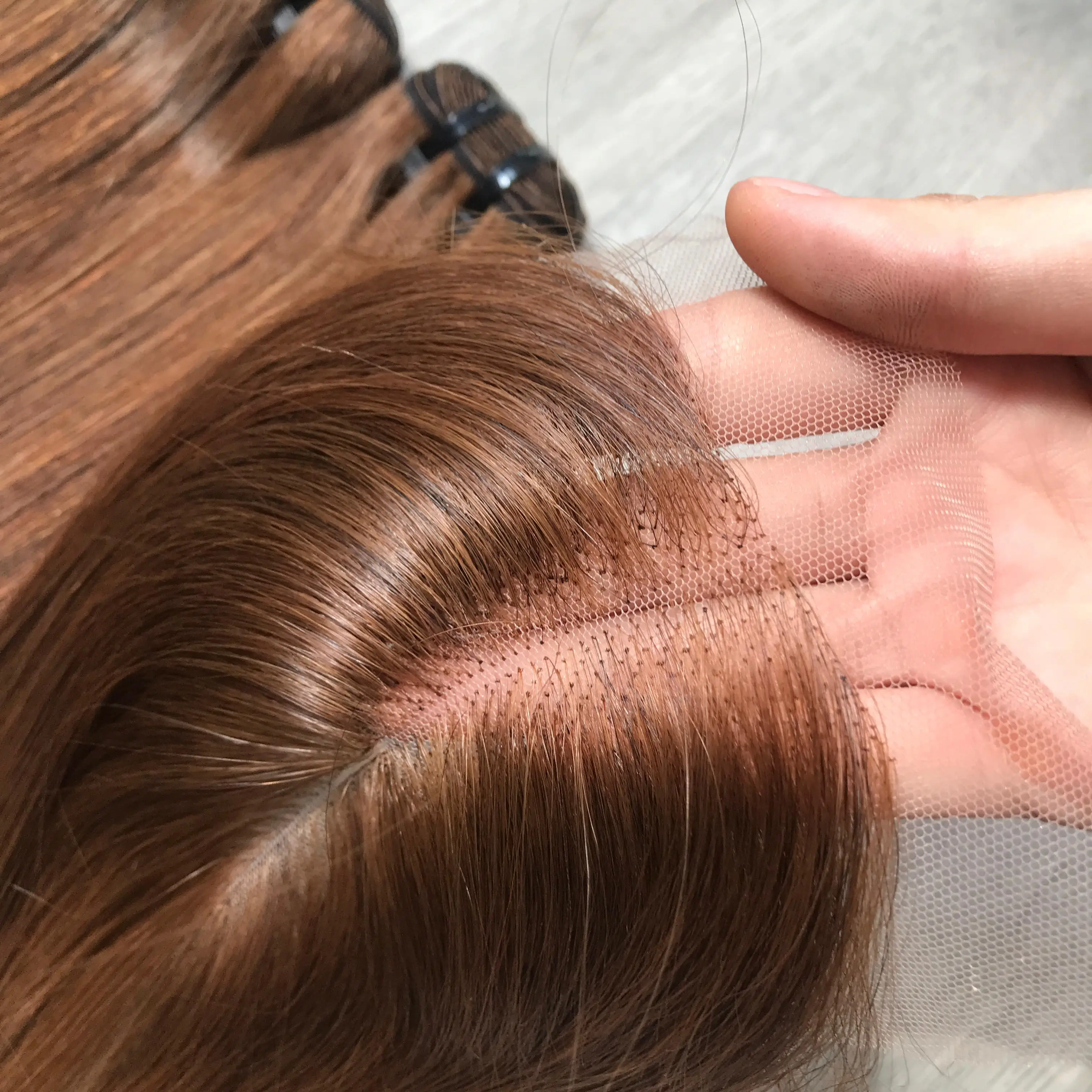 Human Silky Straight Brown color bundle With closure Transparent lace, swiss HD Lace Frontal Vietnamses Hair, Hair Ex