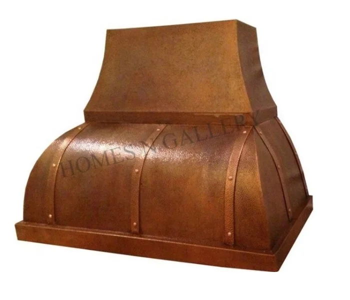 Top selling High Quality Antique Design Powder Coated Copper Brass Kitchen Island Range Hood Canopy Chimney With Strip Rivets