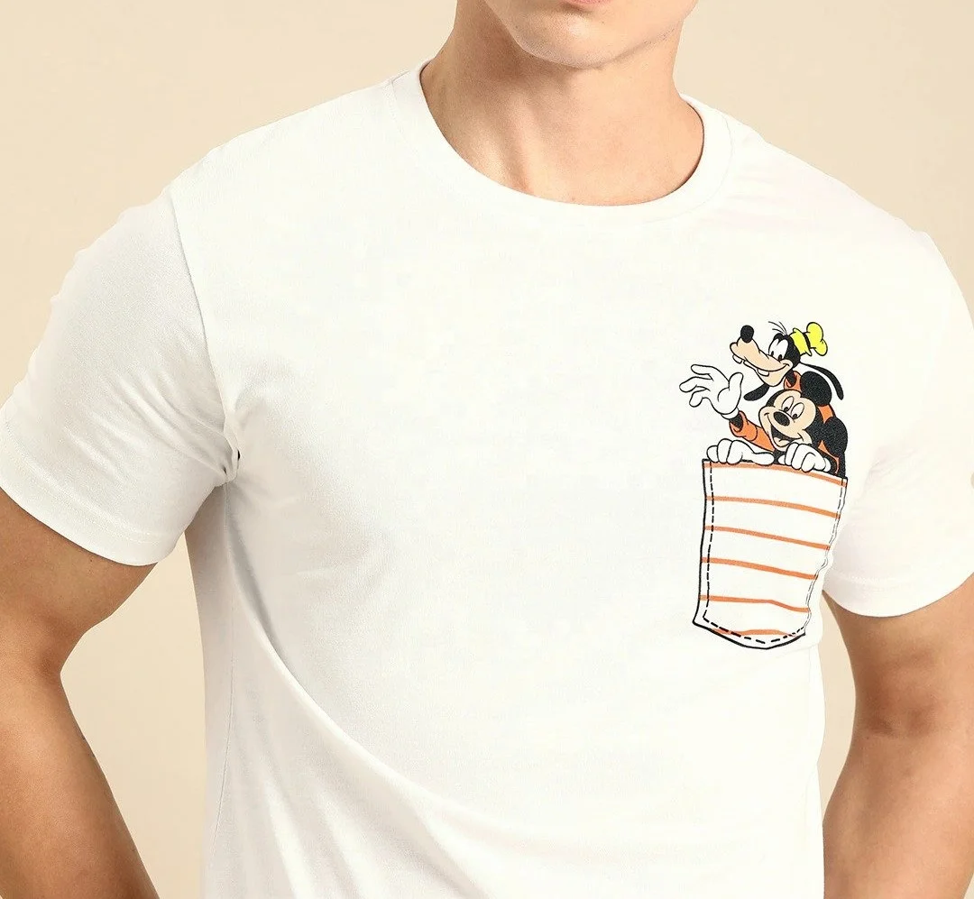 Men White Goofy & Mickey Printed Round Neck T-shirt 100% cotton