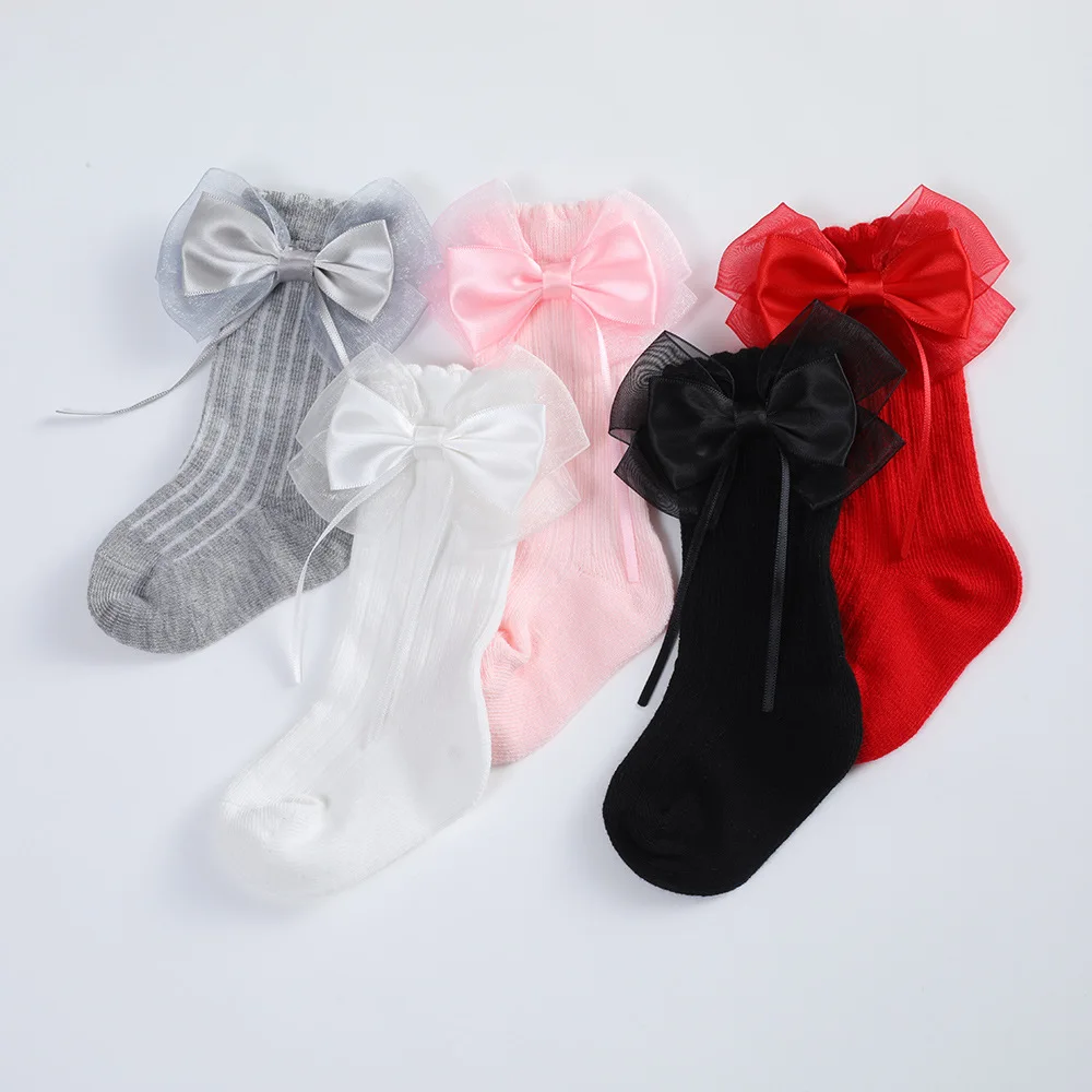 Spanish Ins Fashion Lace Big Bows Princess Girls Ruffle Socks Cozy Cotton Fancy Dance Knee High Baby Socks