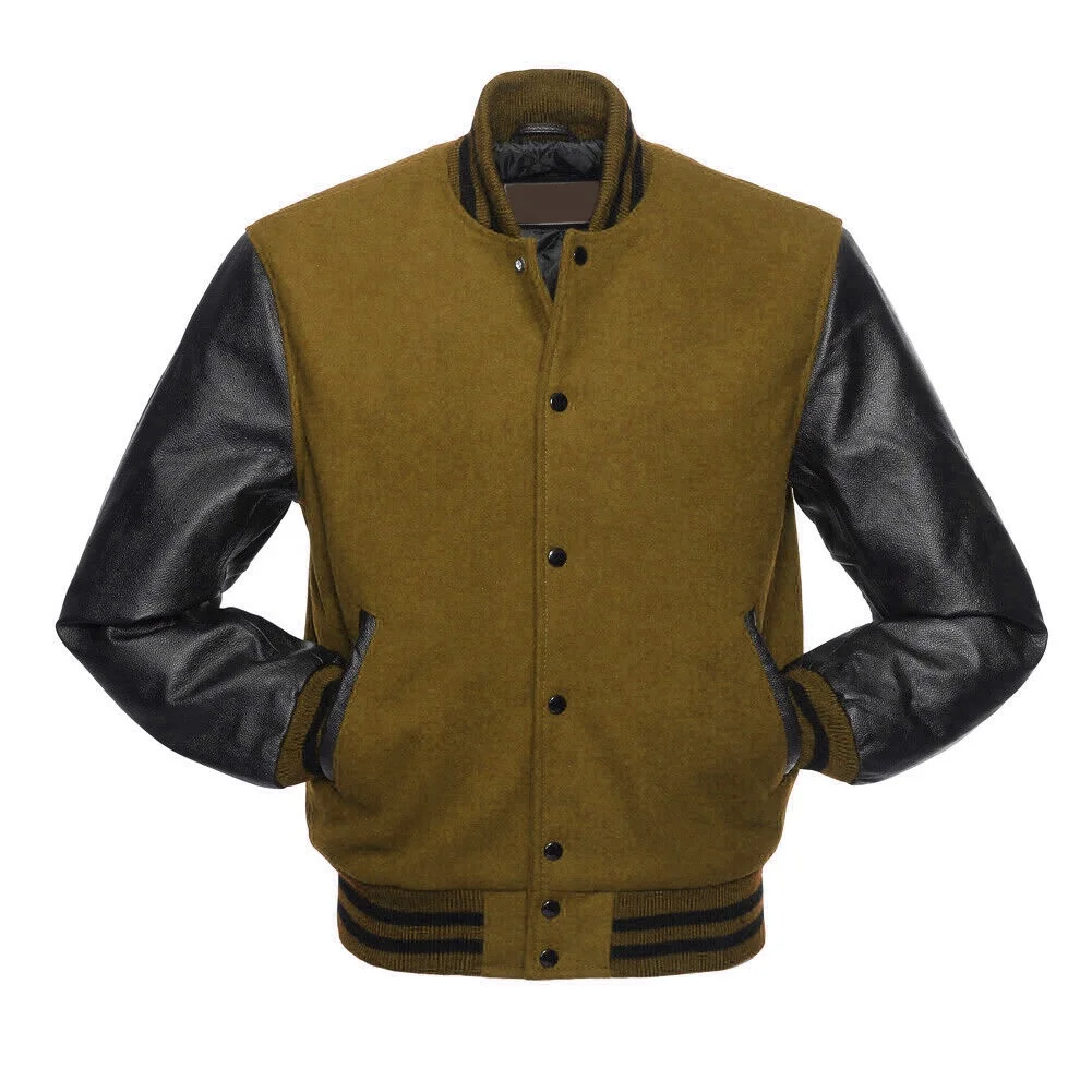 High Quality custom fabric of varsity jacket body wool arm leather custom rib button up close and pockets inside liner coating