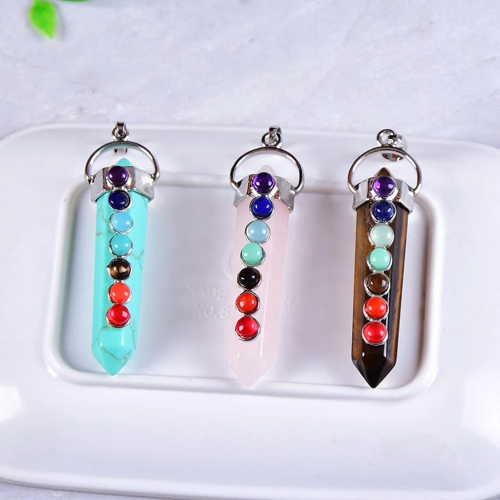Wholesale Natural 7 Chakras Stone Double Point Gemstone Pendant Reiki Healing Handmade Fashion Pendant For Men Women Charm