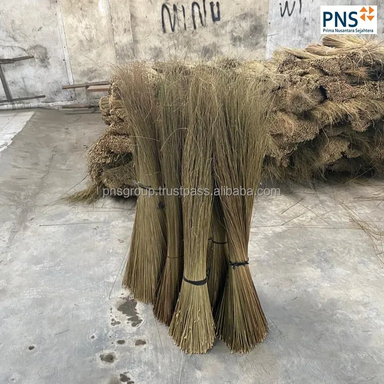 natural palm broom stick with strong bristles biodegradable sweeper for patios and yards from North Sumatra Indonesia