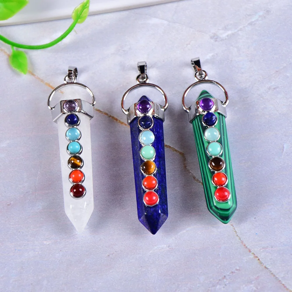 Wholesale Natural 7 Chakras Stone Double Point Gemstone Pendant Reiki Healing Handmade Fashion Pendant For Men Women Charm