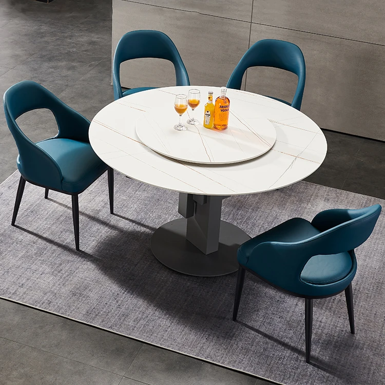 Luxury Diningroom Round Marble Dining Table Sintered Stone Top Stainless Steel Legs Lazy Susan Rotation Dining Table
