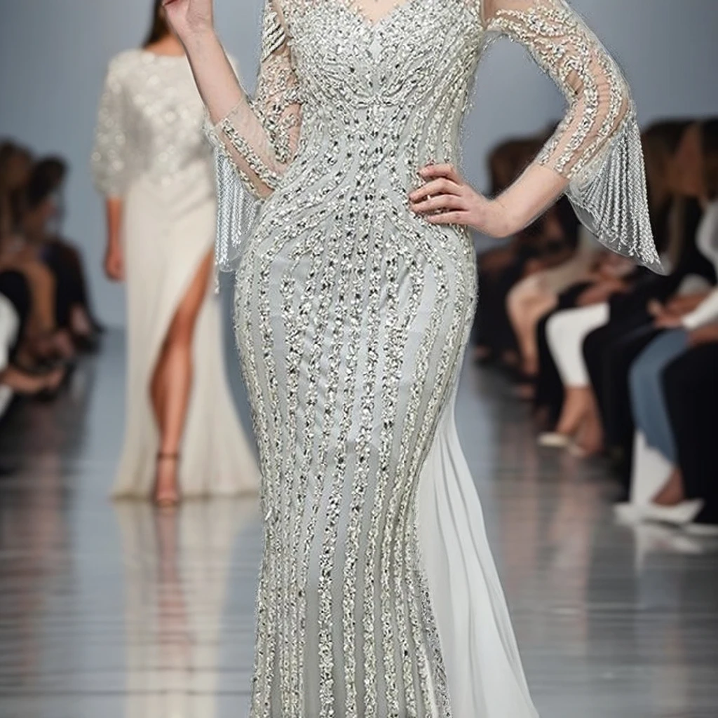 Elegant Long Floor Evening Dress Bead Sequin Embroidered Beautiful Handwork Neck Sleeves Formal Party Prom Plus Size Option