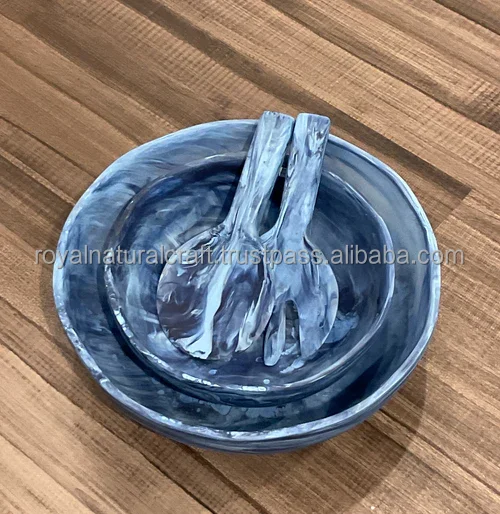 Best Quality Polyresin Handmade Shield Salad Bowl Set Aqua Flow Water Flower Marble Texture Home Decor Bar Fruits Serving Bowls
