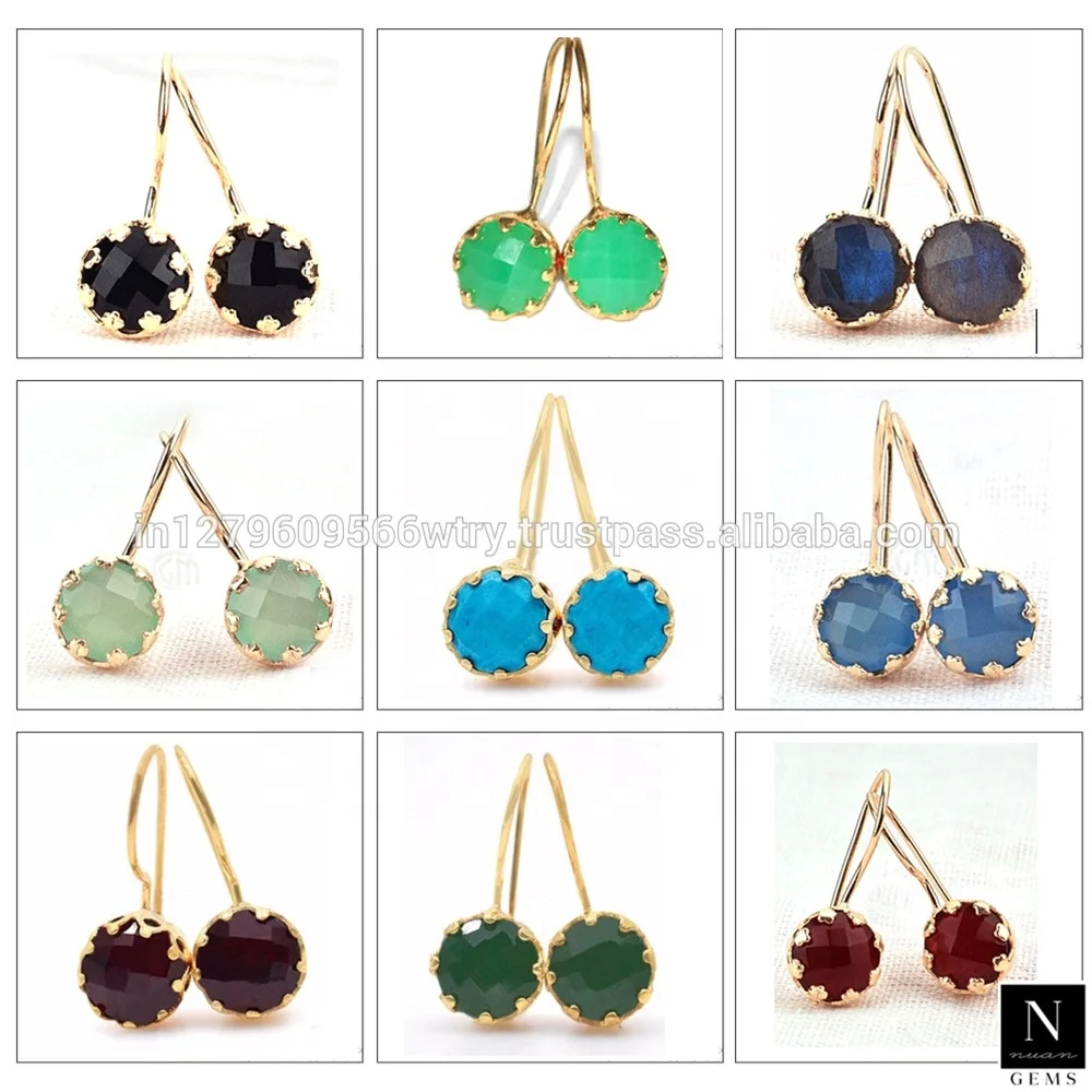 Brass Gold Plated Round Gemstone Shape Stud Dangle Earrings Wholesale