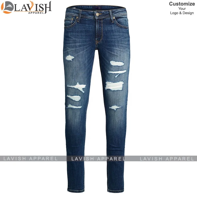 Custom Distressed Washed Dark Blue Denim Jeans Pants for Men Stylish Baggy Hole Super Skinny Jeans Men