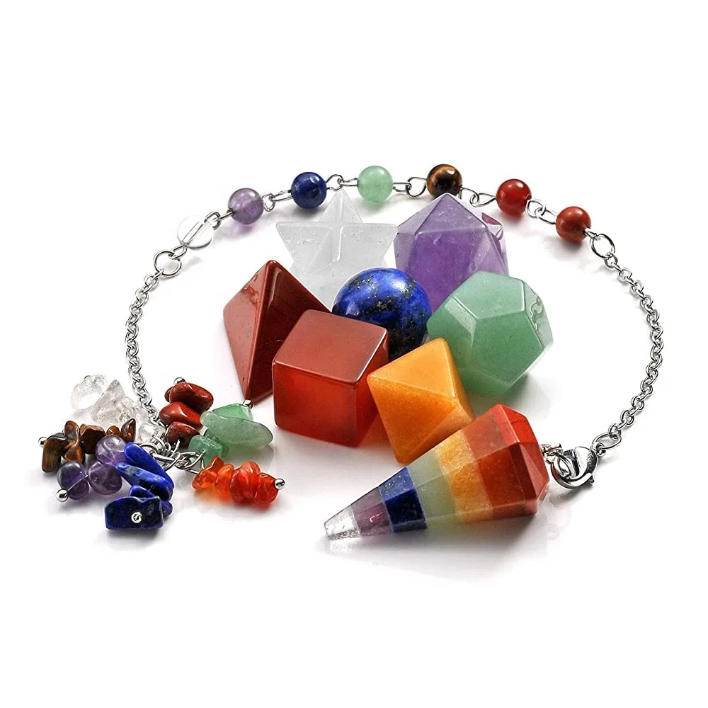  7 Чакр хрустальные Платонические Твердые геометрические священные звезды Меркаба и чакры Исцеляющие Кристаллы Набор с заостренным маятником медитация.