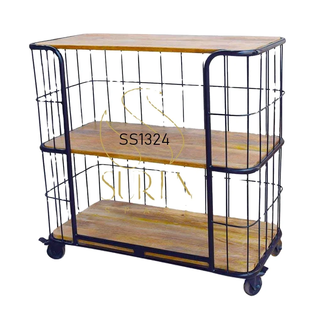 Indian Handmade Designer Wooden Iron Trolley Style Wheel Bookcase