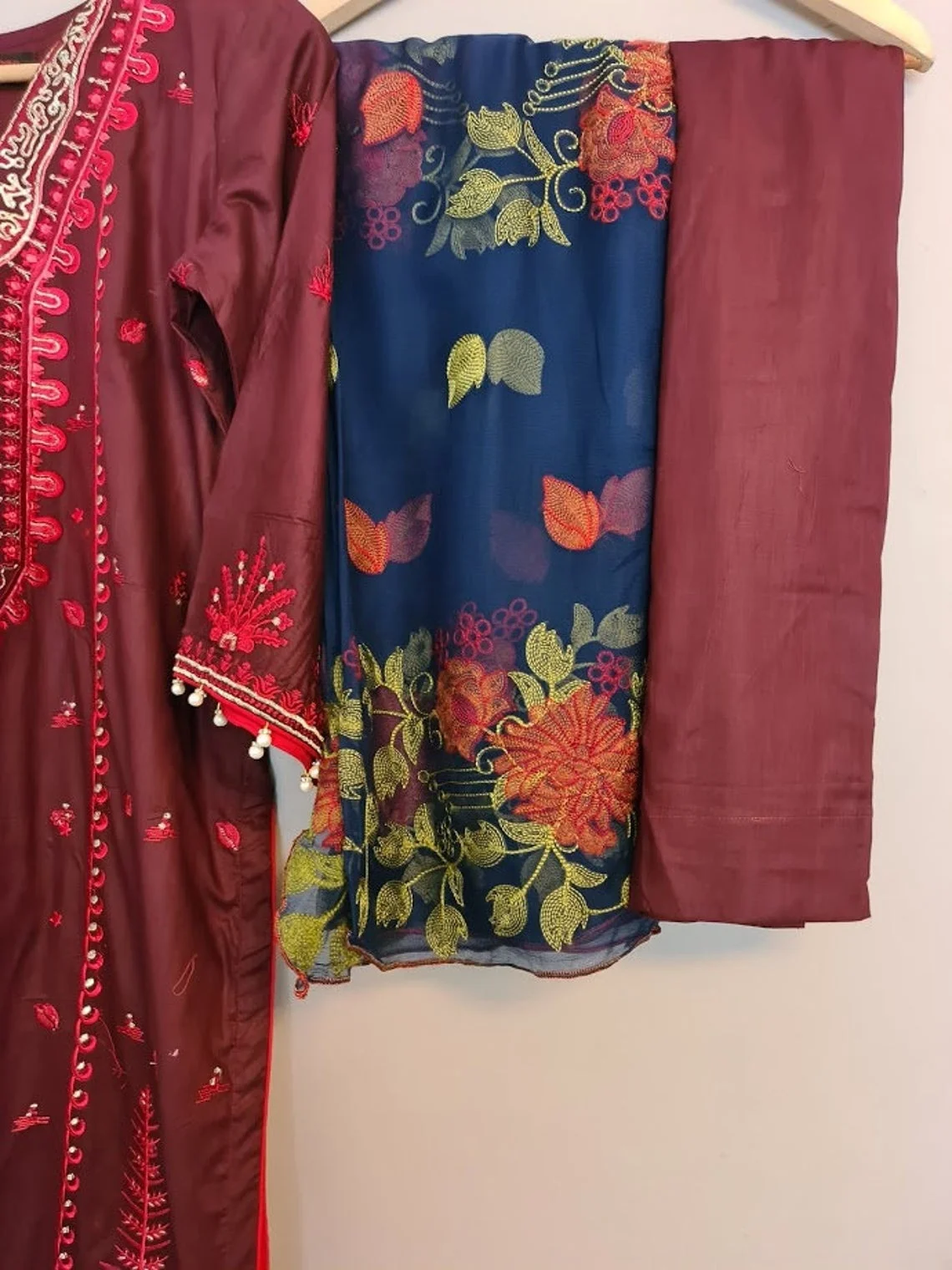 Indian Pakistani Maroon Embroidered Clothes Shalwar Kameez Lawn Hot Selling Dress 2021