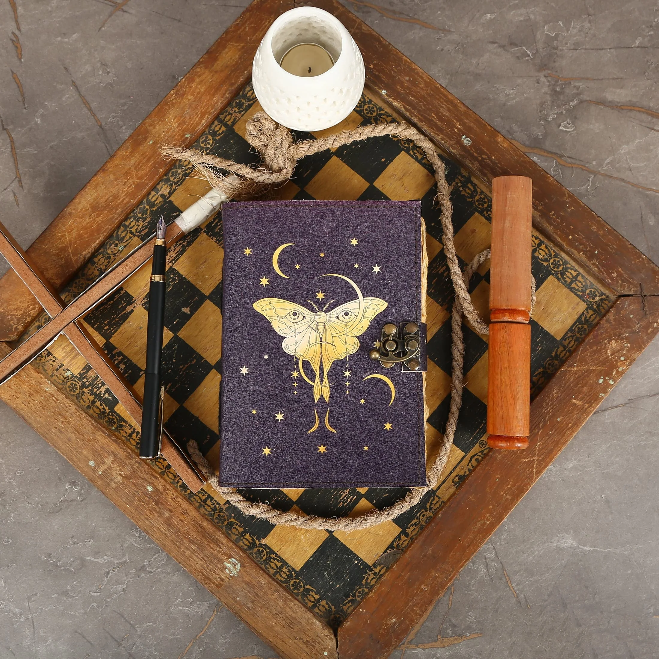 Luna Moth Blank Spell Book Of Shadows Journal with Lock Clasp Vintage Handmade Leather Butterfly Print Diary Prayer Pagan