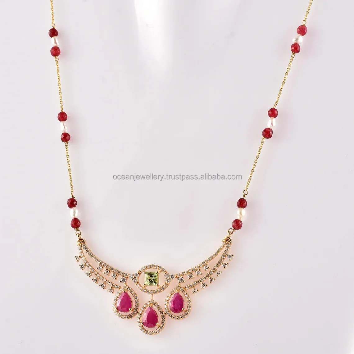 18k Gold Diamond Mangalsutra Pear Shaped Pink Tourmaline Tsavorite, Pearl Beads Multi Gemstone Chain With Pendant For Women