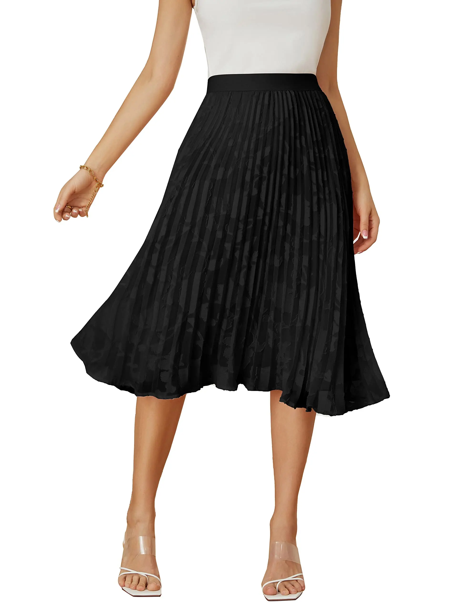 Women High Elastic Waist Pleated Chiffon Skirt Midi Swing A-line Skirts