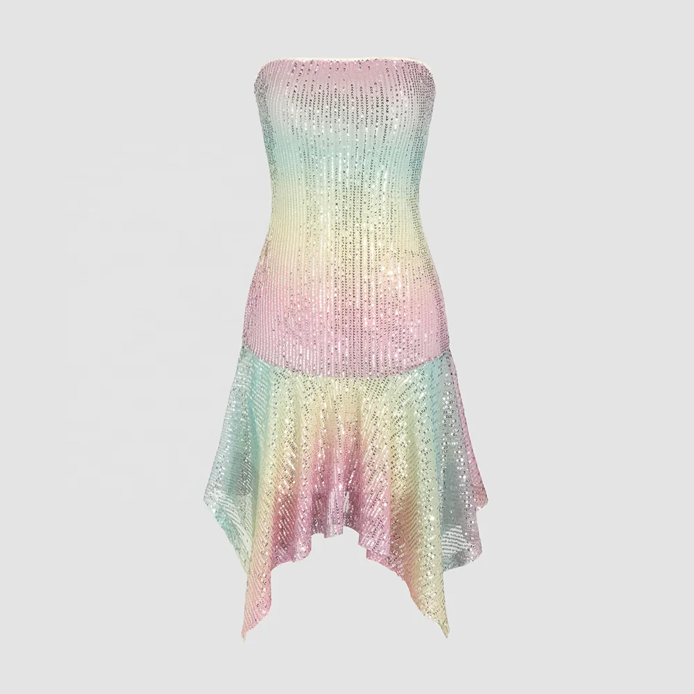 SD010 highly custom sequin ombre mini dress women strapless tube dress ruffles bodycon backless mini party dress