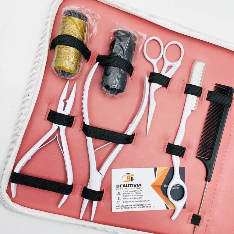 Best Selling White Matte Hair Extension Tool Kit Set Professional Hair Pliers With Micro beads, Alligator Clips, Scissors , Loop