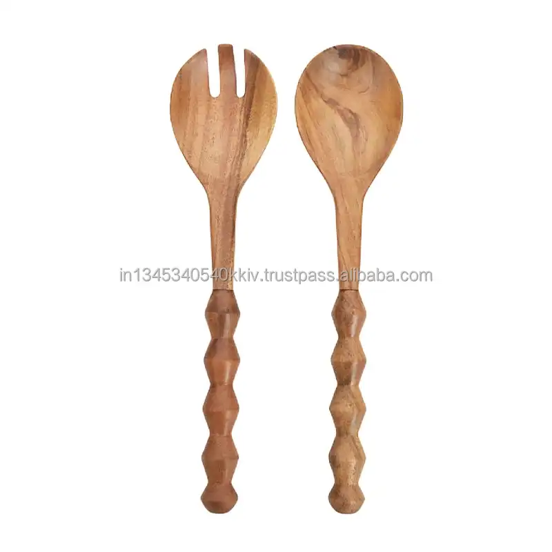 Hot Sale Acacia Wood Salad Server Spoon and Fork Wholesale Big Size End Grain Acacia Wooden Set