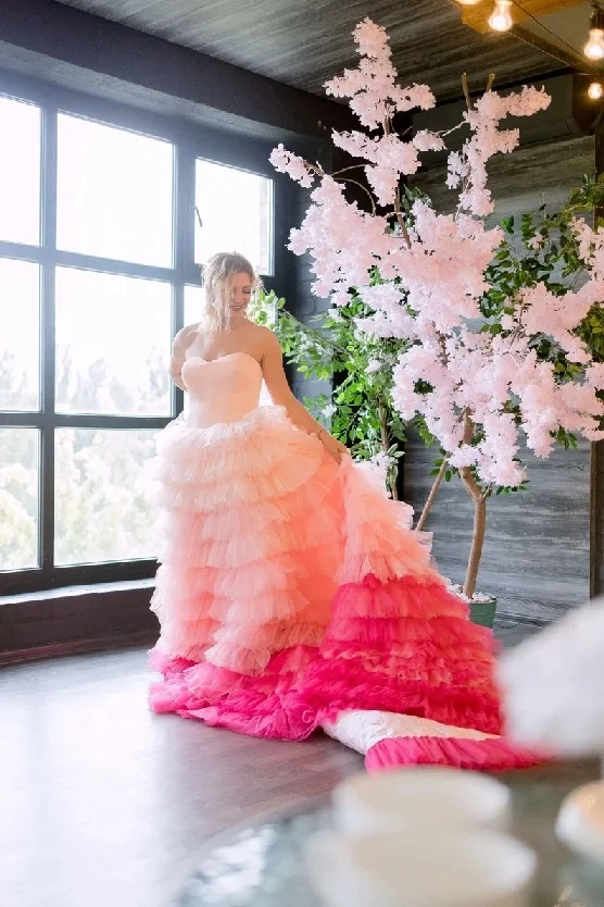 Indian Handmade Peach Tiered Gown For Photoshoot Women Pink Wedding Dress