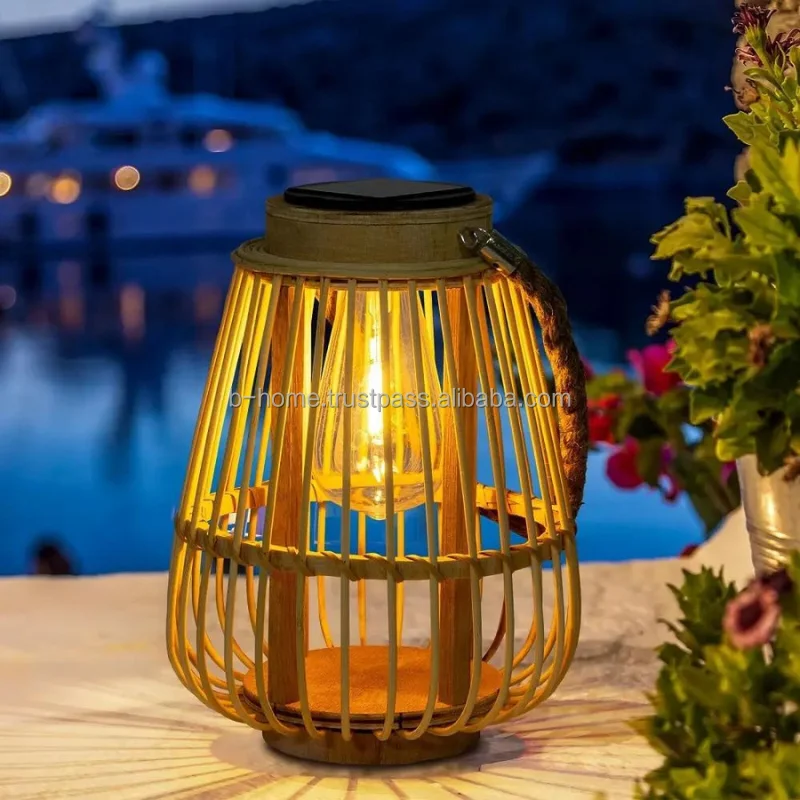 Outdoor Hanging Solar Lantern Waterproof Wicker Bamboo Rattan Lamp with RGB Chandelier round Neck Bamboo Fan Handicraft