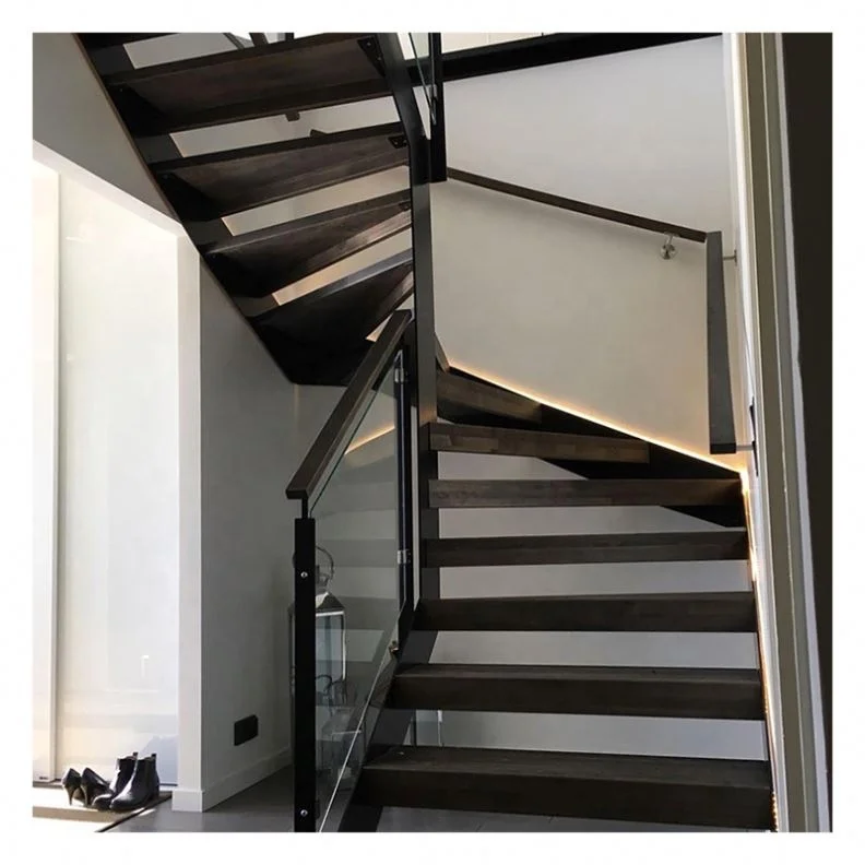 Alucasa Carbon Steel Indoor Glass Railing Wooden Handrail Straight Shape Customized Stairs