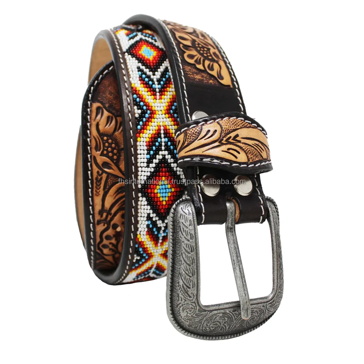 Best Design Premium Quality Genuine Leather Western Cowboy Belt With Hand Carved Beaded Design Leather Belt