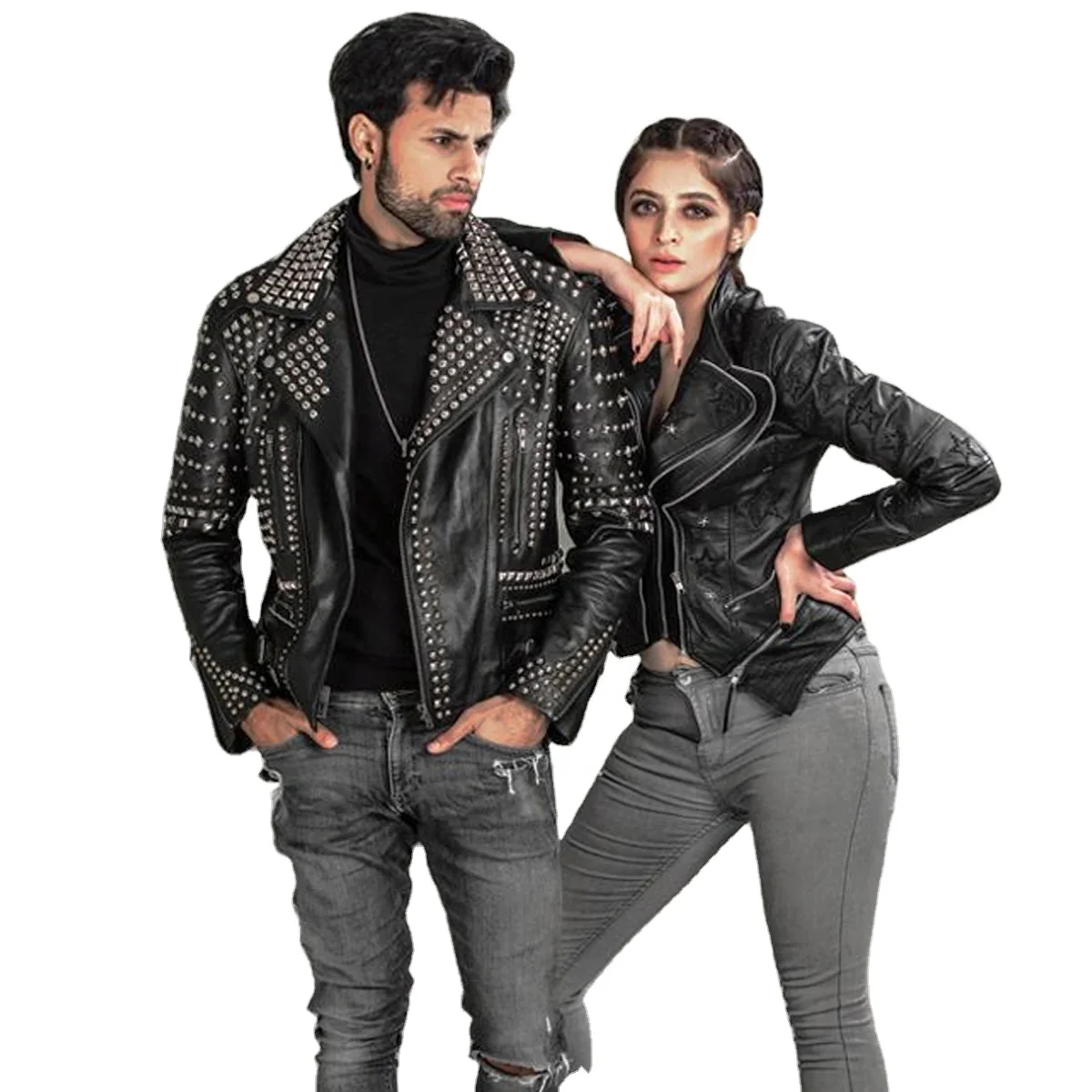 Men Silver Studded Long Spiked Jacket Leather Black Rock Punk Style Jacket Hollywood Jackets  - Albarr Pak