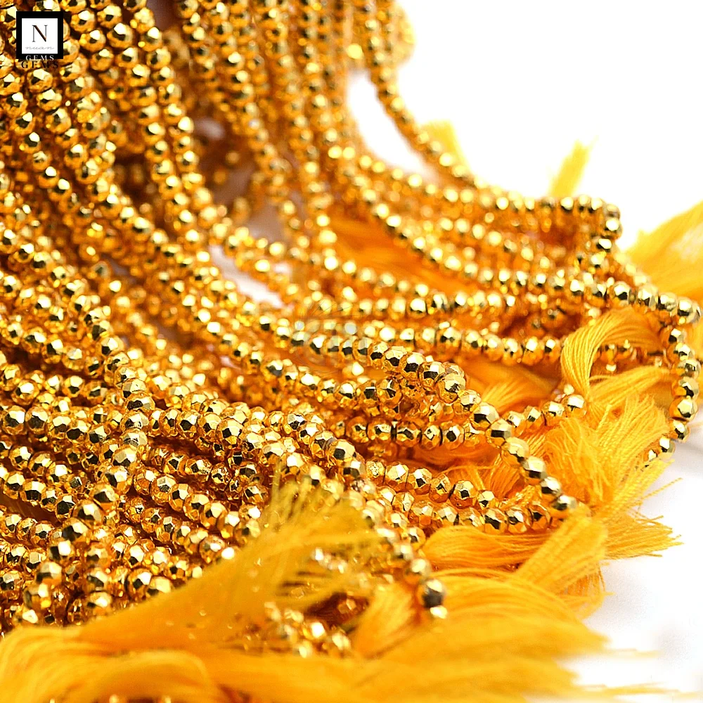 Genuine Natural Golden Pyrite Faceted Round Cut 3-4 MM Gemstones 13 Inch Strand Rondell Beads Strands Strings For Jewelry Making