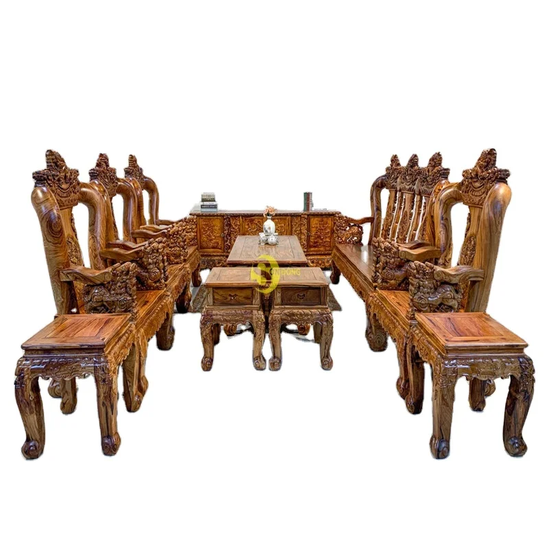 
Rosewood living room furniture set with carved dragons and unicorns 