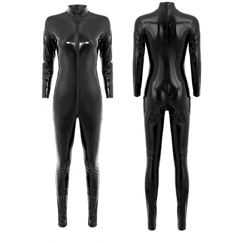Women Leather Bodysuit Wet Look Clothes Custom Pole Dance Costume Leotard Jumpsuit Long Sleeve Zipper Catsuit Clubwear