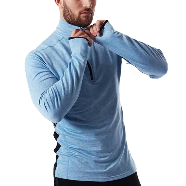 High quality Custom Males Gym Wear 1/4 thumb hole zipper Raglan Sleeve Mositure Wicking Men Funnel Neck thumb hole