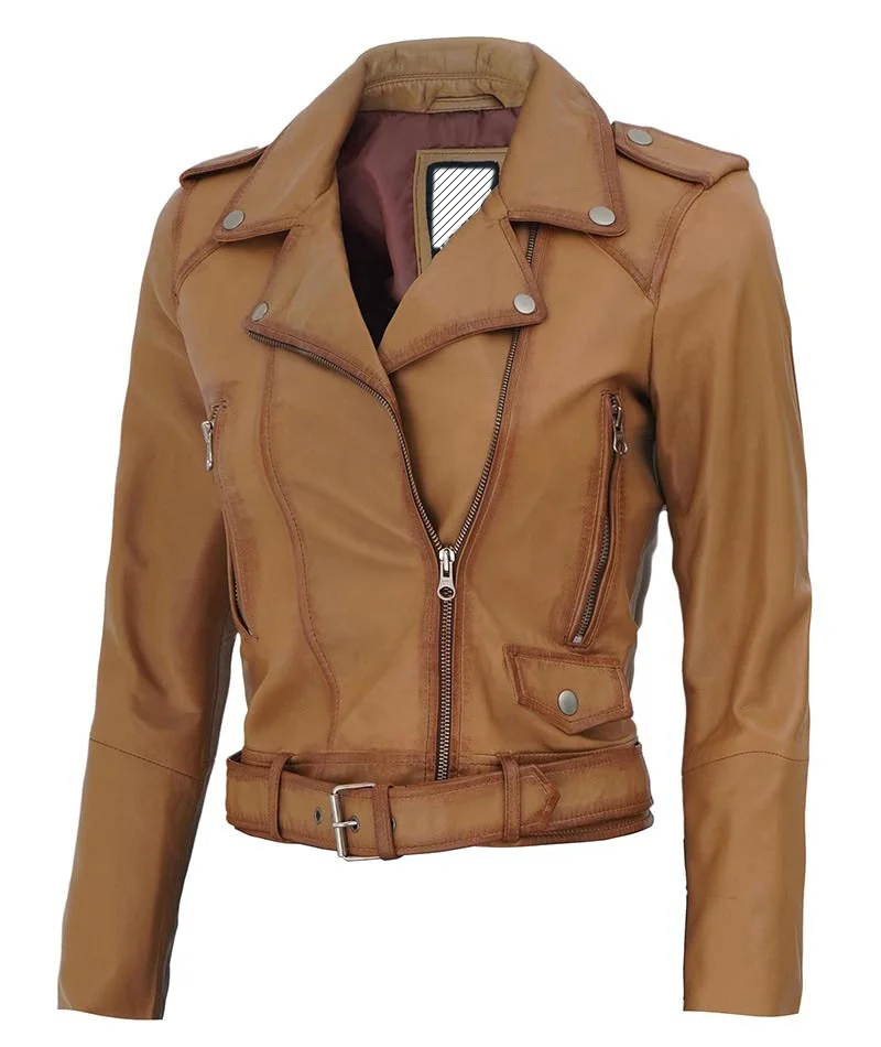 Genuine Buffalo Leather Jacket Customized Design Golden Brown Color Women Biker Leather Fashion Jacket