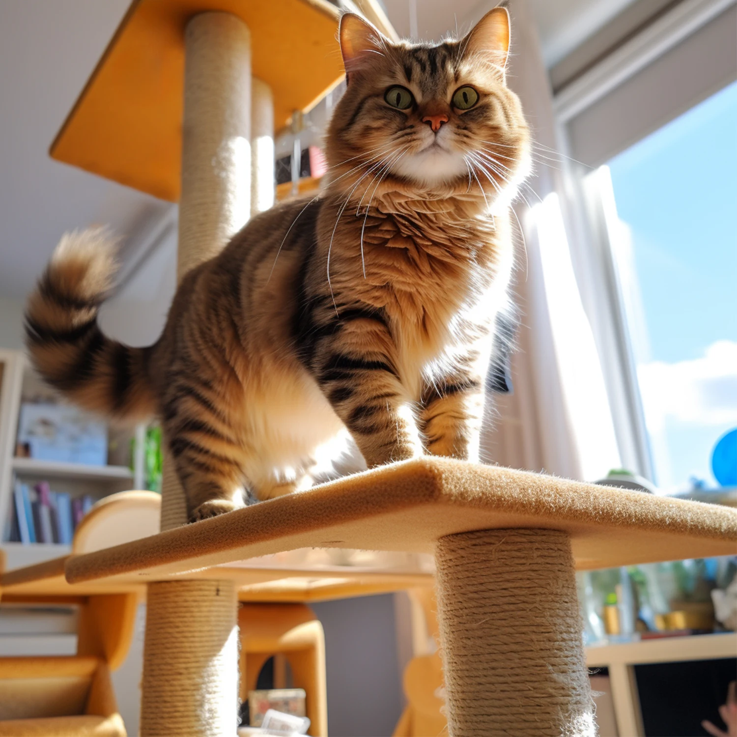 Gray beige color large wood multi level cat furniture scratching sisal post cat tree tower