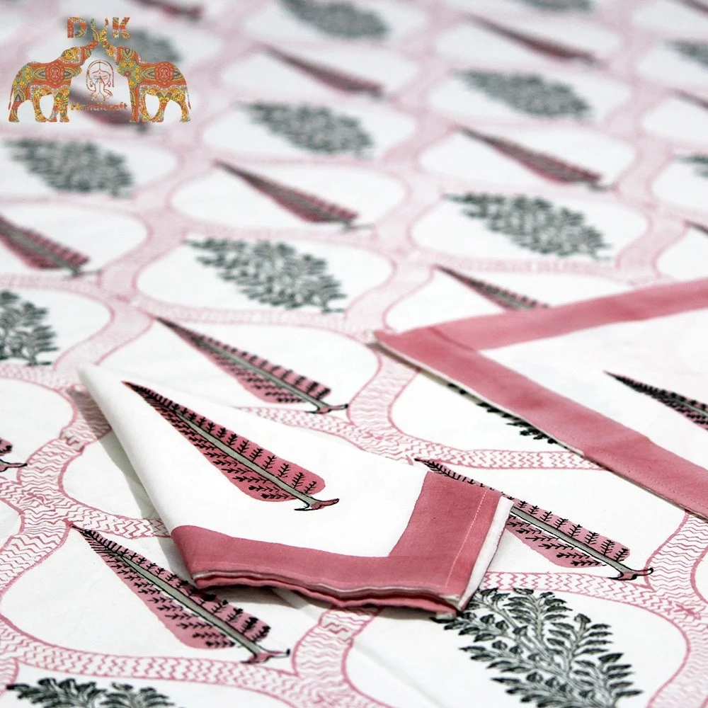 Indian floral cotton canvas hand block print fabric wedding table cloth banquet table cover 6 seater