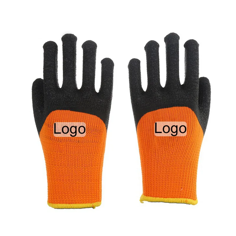 Winter Warm Construction Safety Anti Slip Crinkle Latex Coated Terry Knitted Thermal Work Gloves