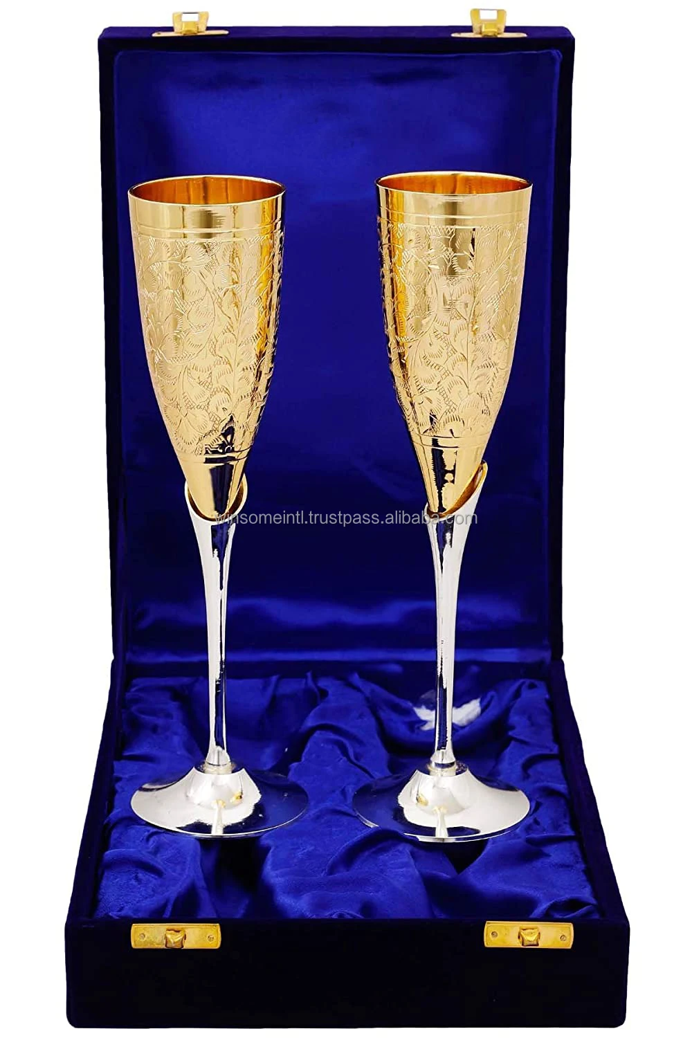 Copper wine Glass Embossed Design Coated Classic Design Medium size 2 Pieces Silver & Gold Glass With Blue Box