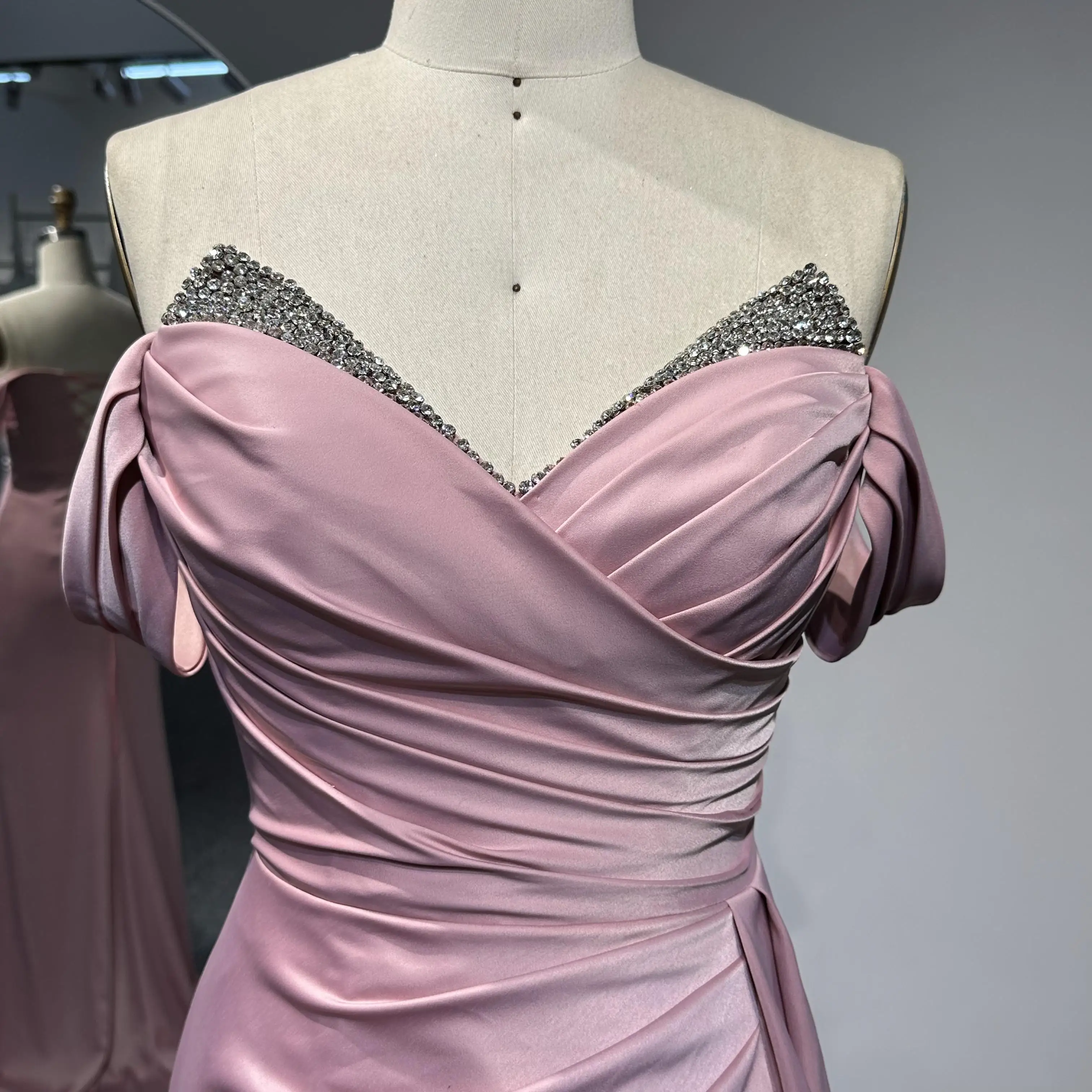 Pink Charmeuse Satin Fabric High Slit Strapless Gathered Pleated Handmade Beaded Embroidery Wedding Prom Dinner Evening Gowns