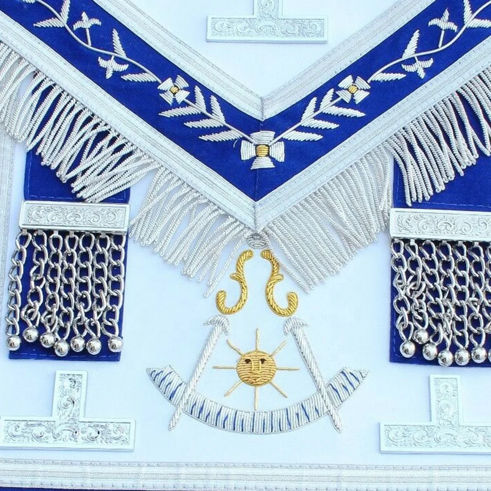 Masonic Grand Past MAster Apron hand embroidered with silver bullion and white Rexene Silver fringe around the apron