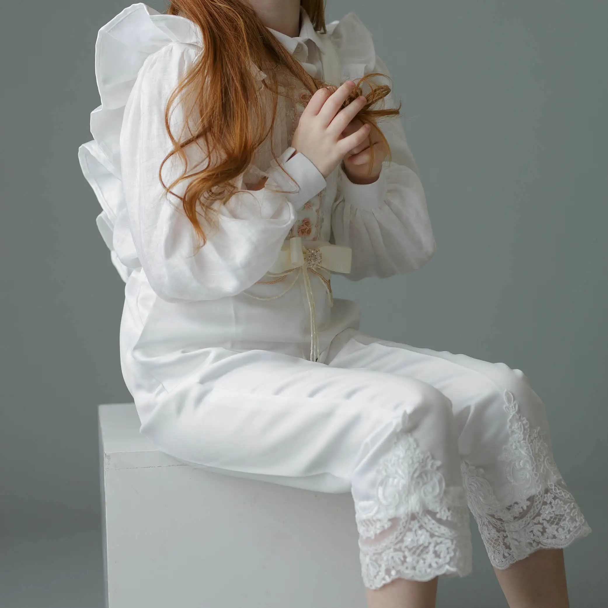 Royal Girl Clothing Set Kid Wear Beading Embroidery Cotton Fashion Long Shirt White Pants Girl Clothes Set 2 Pieces-Sophia Set