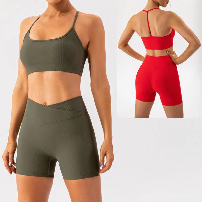 Adjustable High Support Sports Bra And Casual Gym Shorts 2 Pcs Fitness Yoga Set Women Workout Gym Short