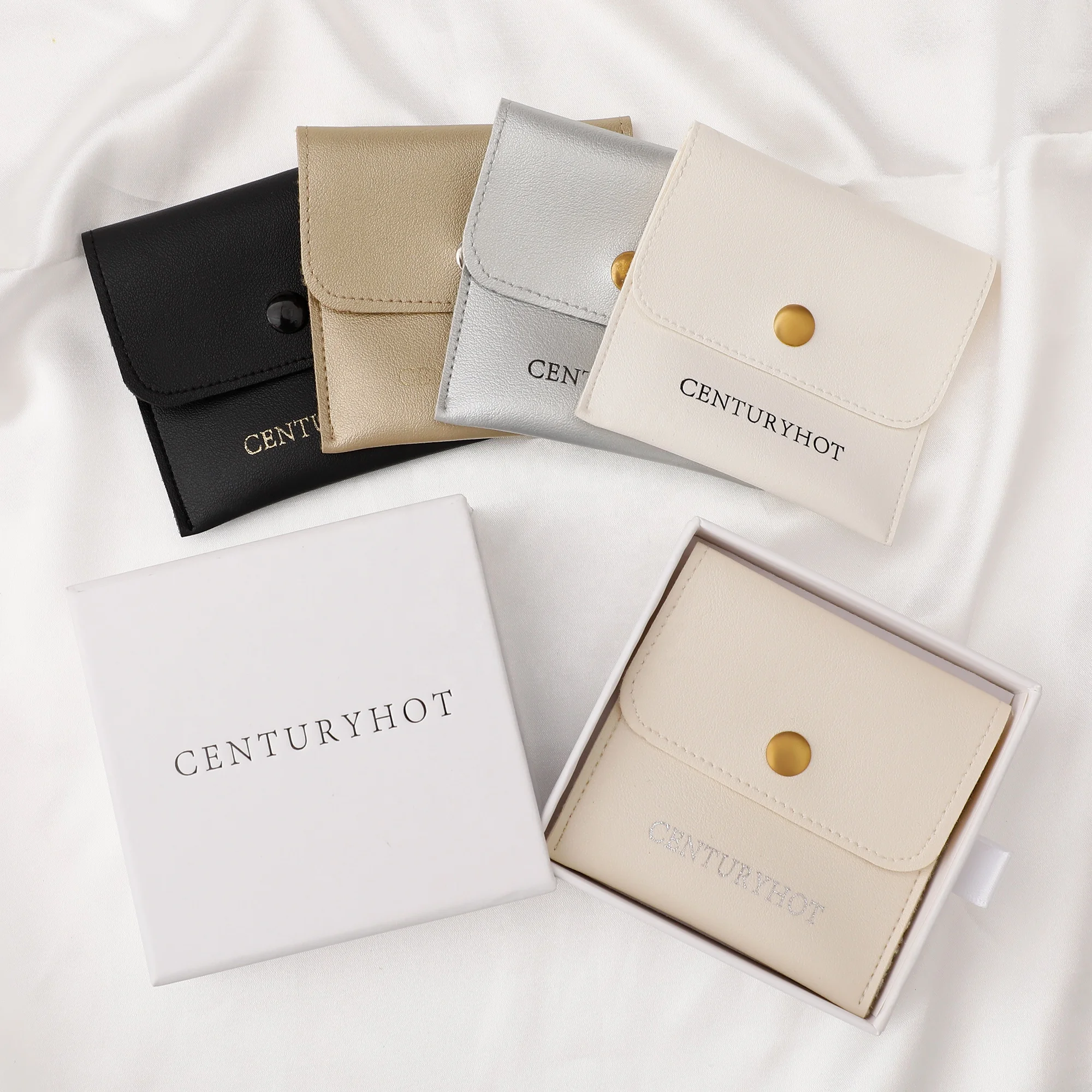 PUPPYSEW Wholesale White PU Leather Jewelry Pouch Bag  Jewelry Packaging Bag With Sanp Button Necklace,ring Pouch  With logo