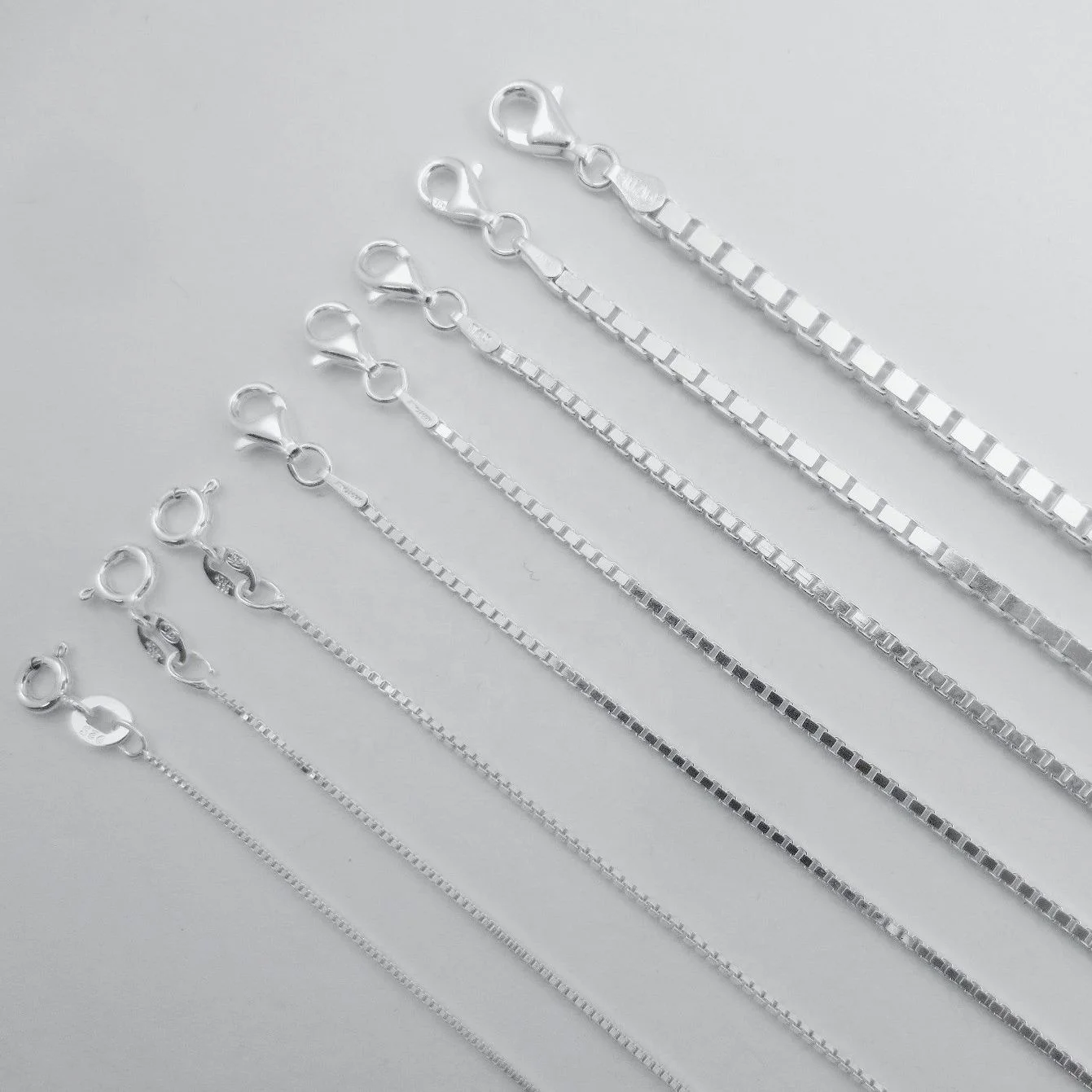 925 Sterling Silver Box Chain 1mm 2mm 3mm 4mm 16 , 18, 20, 22 , 24 Inches Long with Spring , Lobster and Fish Clasp Wholesale