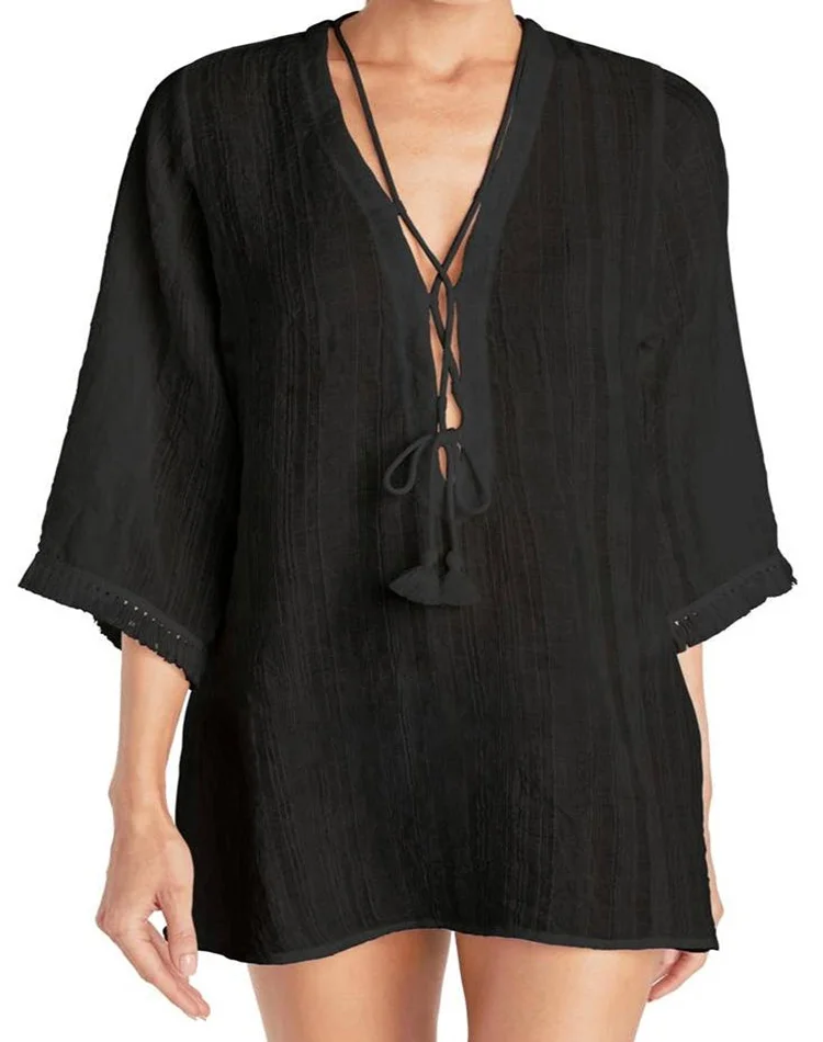 swimwear & beachwear Black solid color 100% Rayon crape fabric tassel lace pattern swimsuit sexy short dress cover-up for women