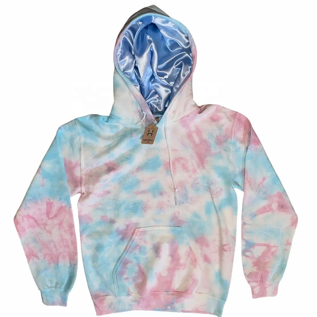 New Custom high quality unisex split pattern linen women embossed colorful with hood set full silk tie dye satin lined hoodie