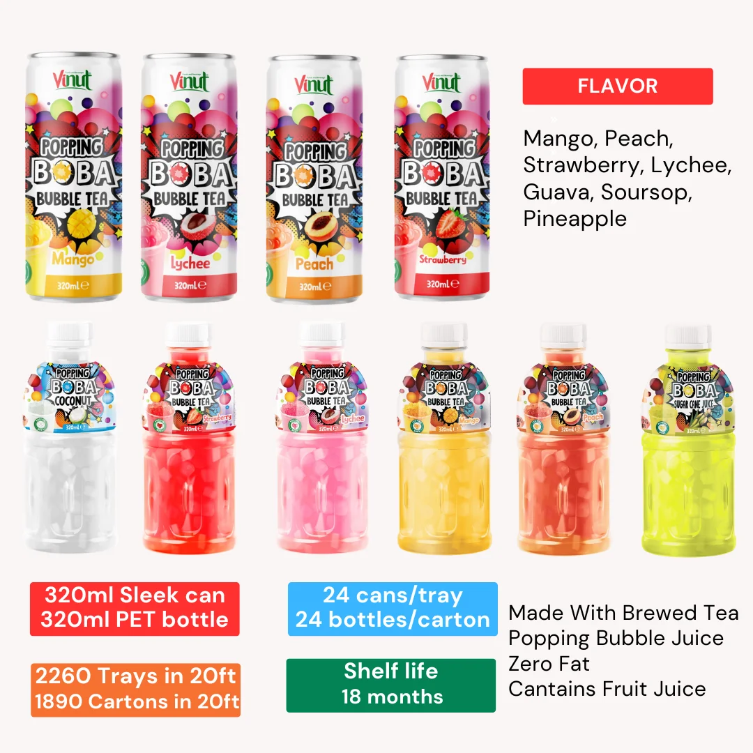 Exclusive Private Label Popping Boba Bubble Tea Tropical Fruit Juice Drink 320ml - VINUT Manufacturer Beverage, Free Sample, Who