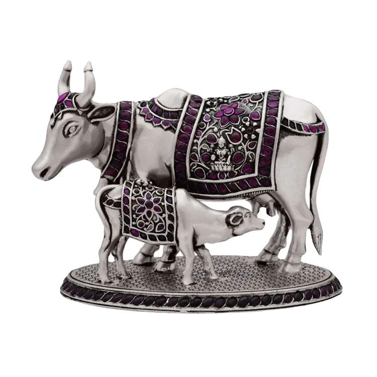 Декоративные индусские религиозные ежедневно Межкомнатные Деревянные Матовое стекло б/у окисляется с серебряным покрытием 925 стерлингового серебра корова и пряжкой; Большие храм украшения