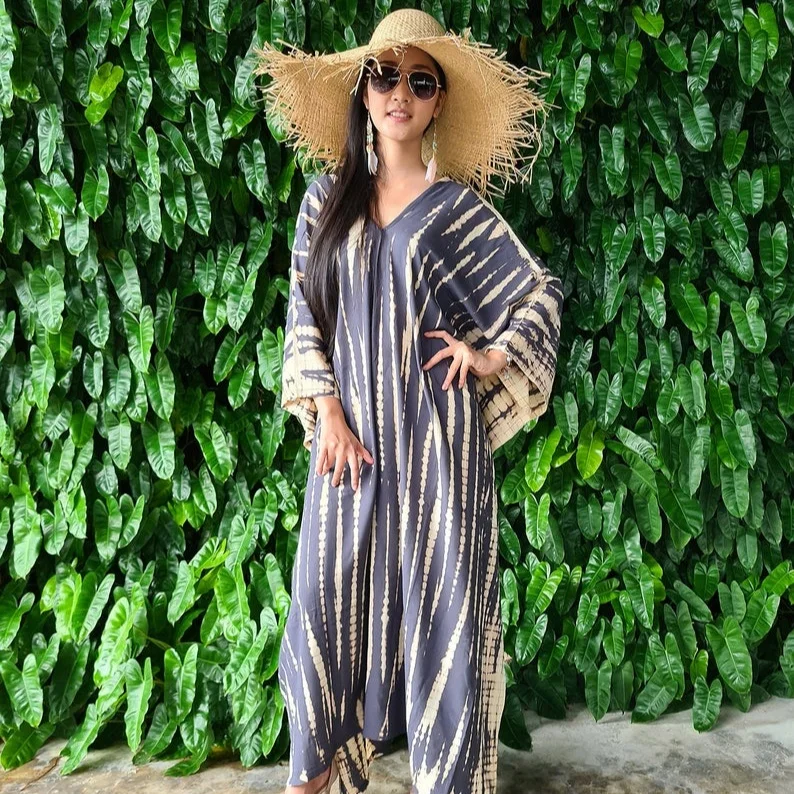 Summer Wear Tie Dye Long Kaftan For Women India Long Sleeve V-neck Tie Dye Beach Wear Dress